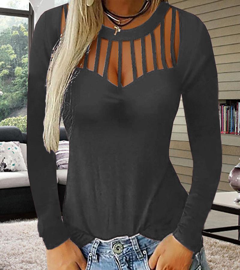 Long Sleeve Round Neck Pierced Sexy  T-Shirts