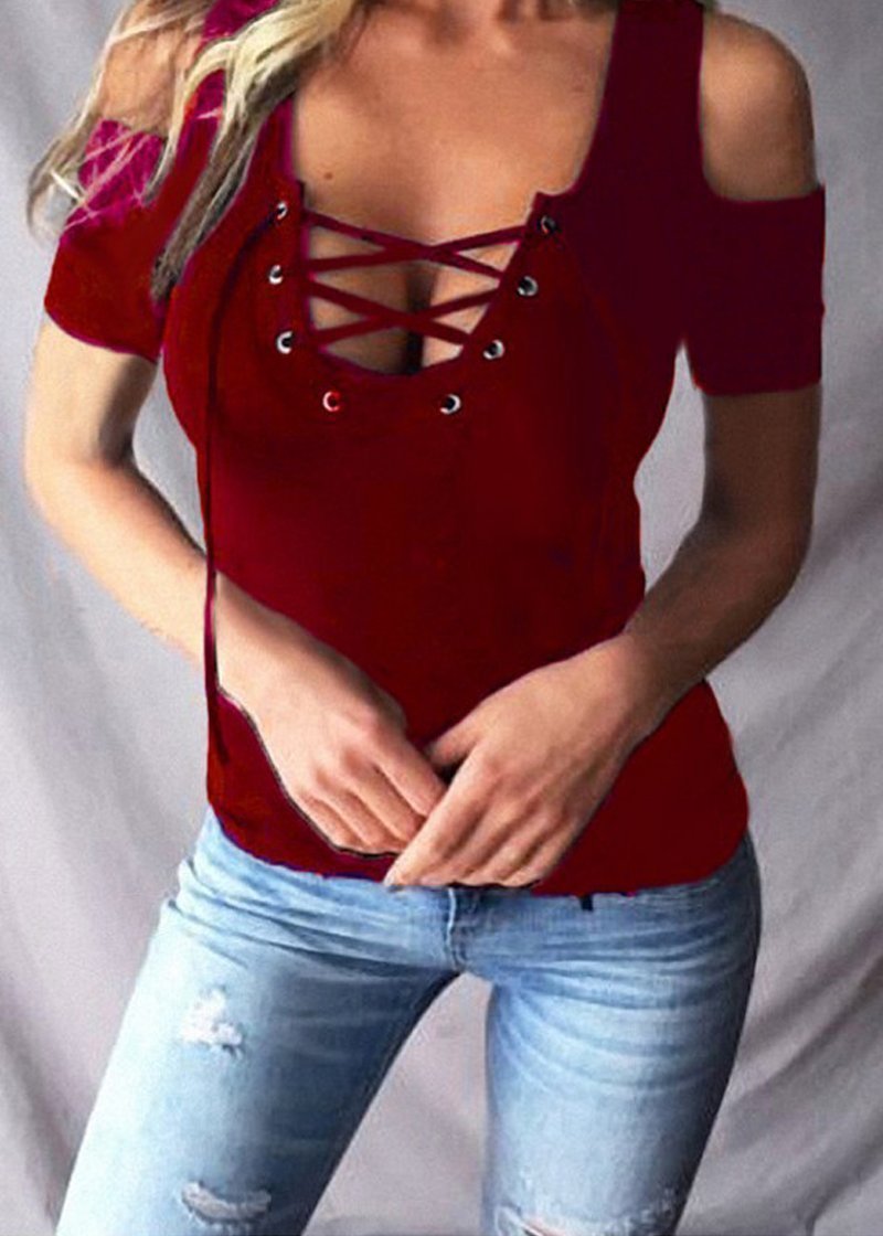 New V-neck Solid Lacing Off Shoulder Short Sleeve T-shirt