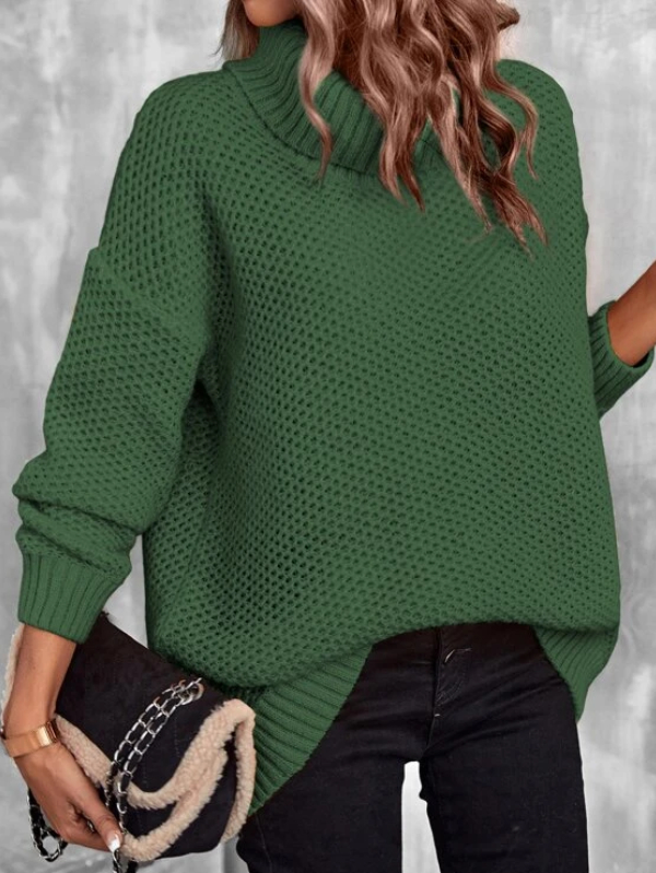 Turtleneck Drop Shoulder Pointelle Knit Sweater