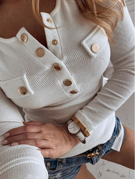 Daily Pocket Button Pure Color Long Sleeve T-shirt