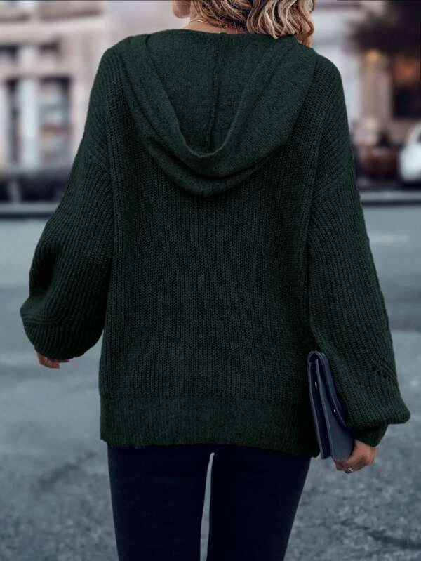 Half Button Drawstring Hooded Drop Shoulder Sweater
