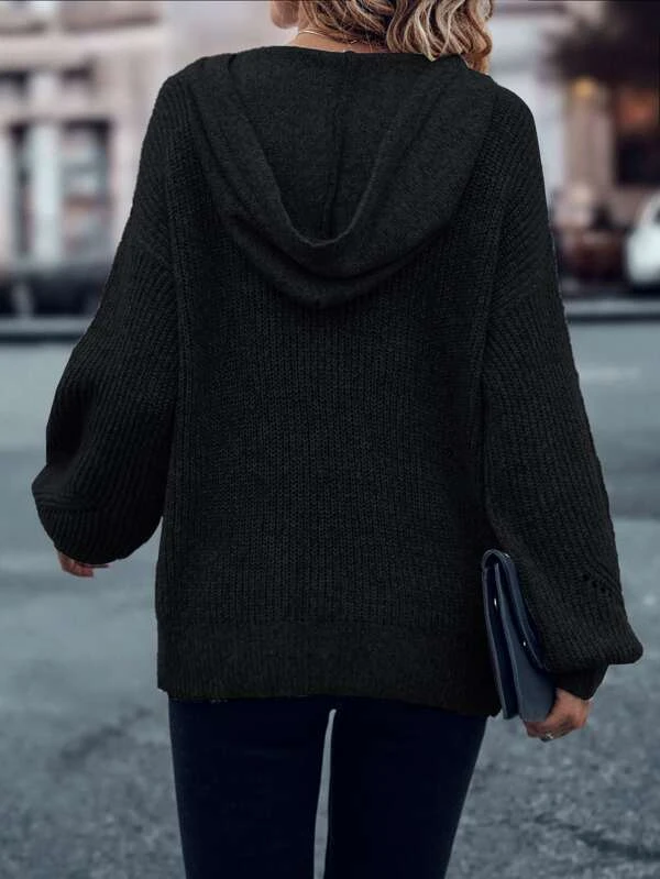 Half Button Drawstring Hooded Drop Shoulder Sweater