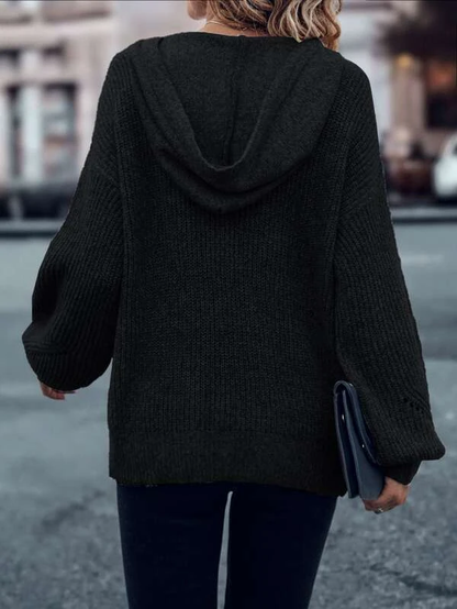 Half Button Drawstring Hooded Drop Shoulder Sweater