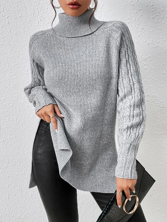 Turtleneck Raglan Sleeve Split Hem Cable Knit Sweater