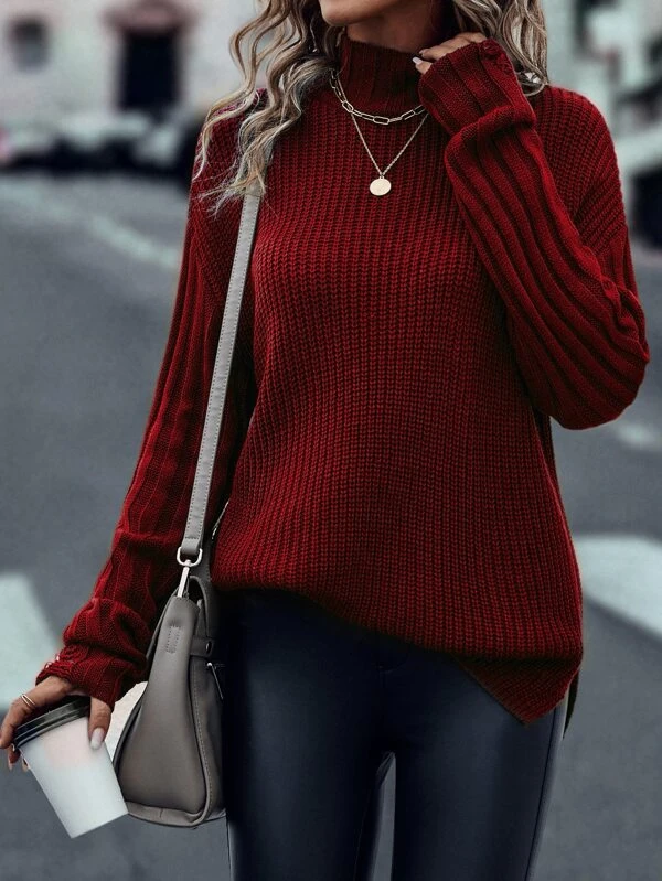 Mock Neck Split Hem Drop Shoulder Distressed Sweater