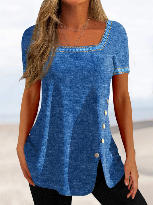 Summer Square Neck Plain Short Sleeve Button Split Tunic Tops T-shirt/Tee