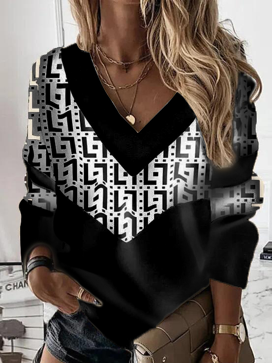 Geometric Print Patchwork Casual Loose Sweatshirt