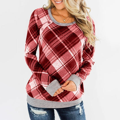 Round Collar Button Plaid Long Sleeve T-shirt