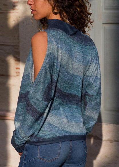 Fashionable Cold-Shoulder Wavy Stripes Long-sleeve Top