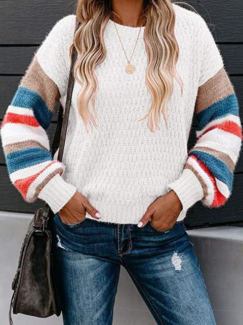 Striped Pattern Sleeve Crew Neck Pullover Sweater