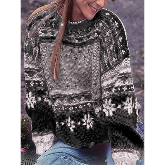 Printed Stitching Round Neck Sweater