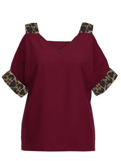 Leopard Print V-neck Cold Shoulder Tops