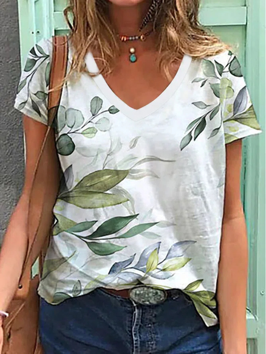 V Neck Floral Leaves Casual Resort Loose Knit T-Shirt/Tee