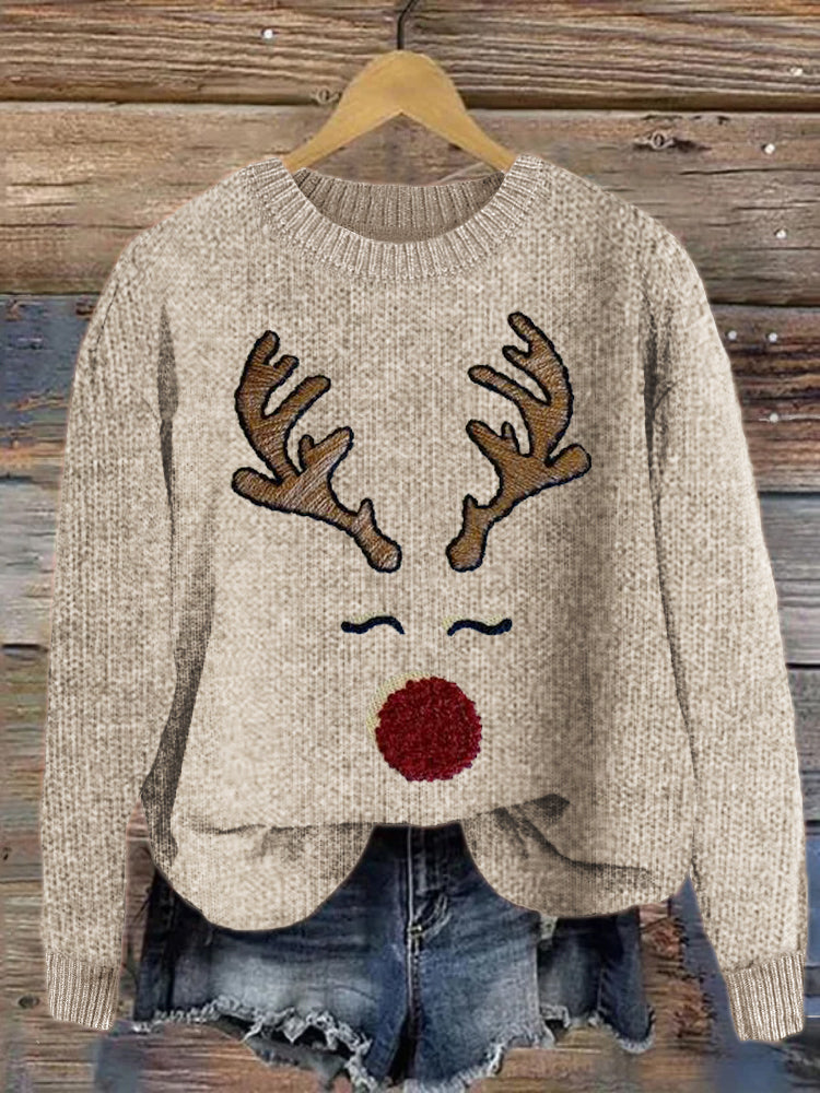 Christmas Reindeer Face Embroidery Cozy Knit Sweater