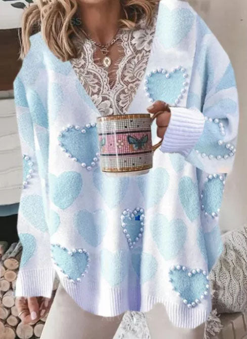 V-Neckline Geometric Casual Regular Lace Sweaters