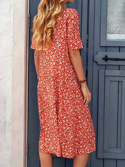 Floral Printed Crew Neck Pockets Short Sleeve Casual Midi Shirt Dress