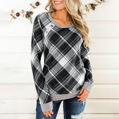 Round Collar Button Plaid Long Sleeve T-shirt