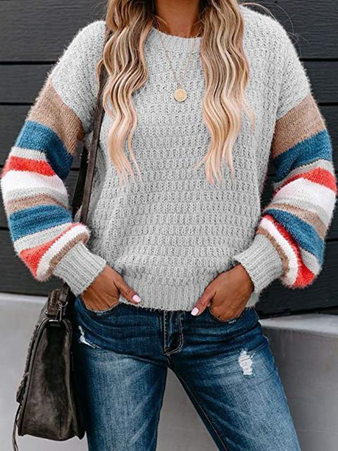 Striped Pattern Sleeve Crew Neck Pullover Sweater