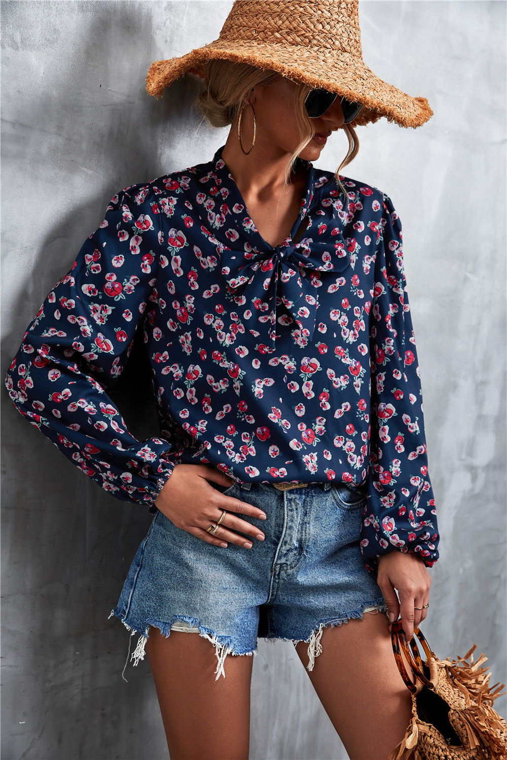 Hot Sale V Neck Tie Vintage Print Tops
