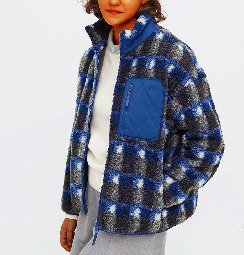 Fleece printed jacket with stand-up collar and long sleeves