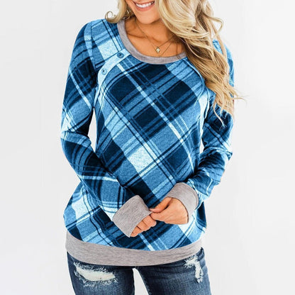 Round Collar Button Plaid Long Sleeve T-shirt