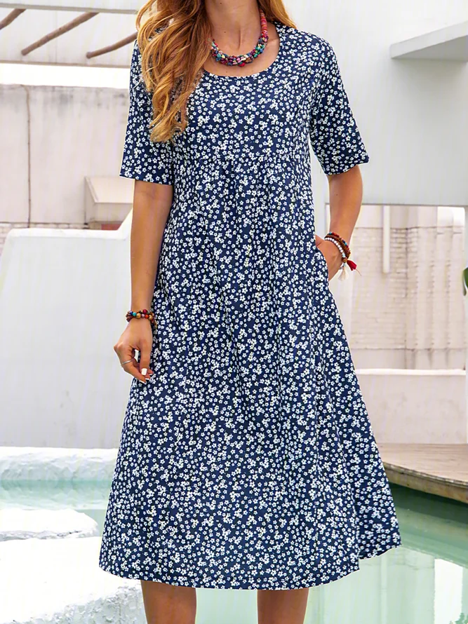 Floral Printed Crew Neck Pockets Short Sleeve Casual Midi Shirt Dress