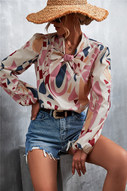 Hot Sale V Neck Tie Vintage Print Tops