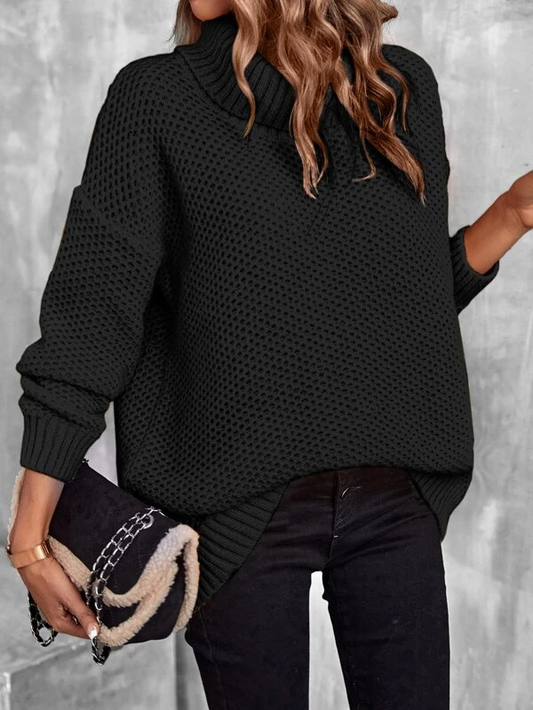 Turtleneck Drop Shoulder Pointelle Knit Sweater