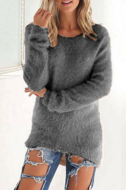 Round Neck  Asymmetric Hem  Sweaters