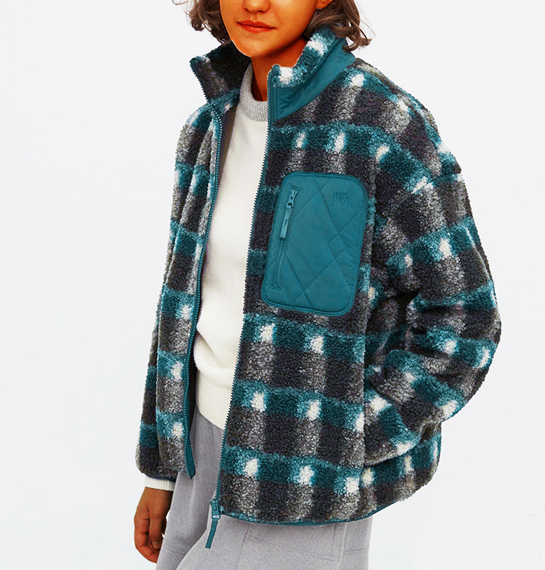 Fleece printed jacket with stand-up collar and long sleeves