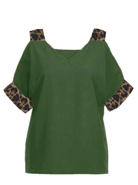 Leopard Print V-neck Cold Shoulder Tops