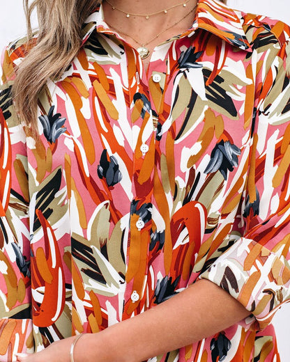 Elegant Cardigan Long Sleeve Lapel Loose Print Blouse