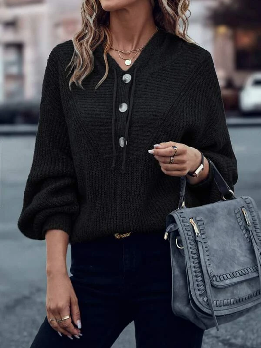 Half Button Drawstring Hooded Drop Shoulder Sweater