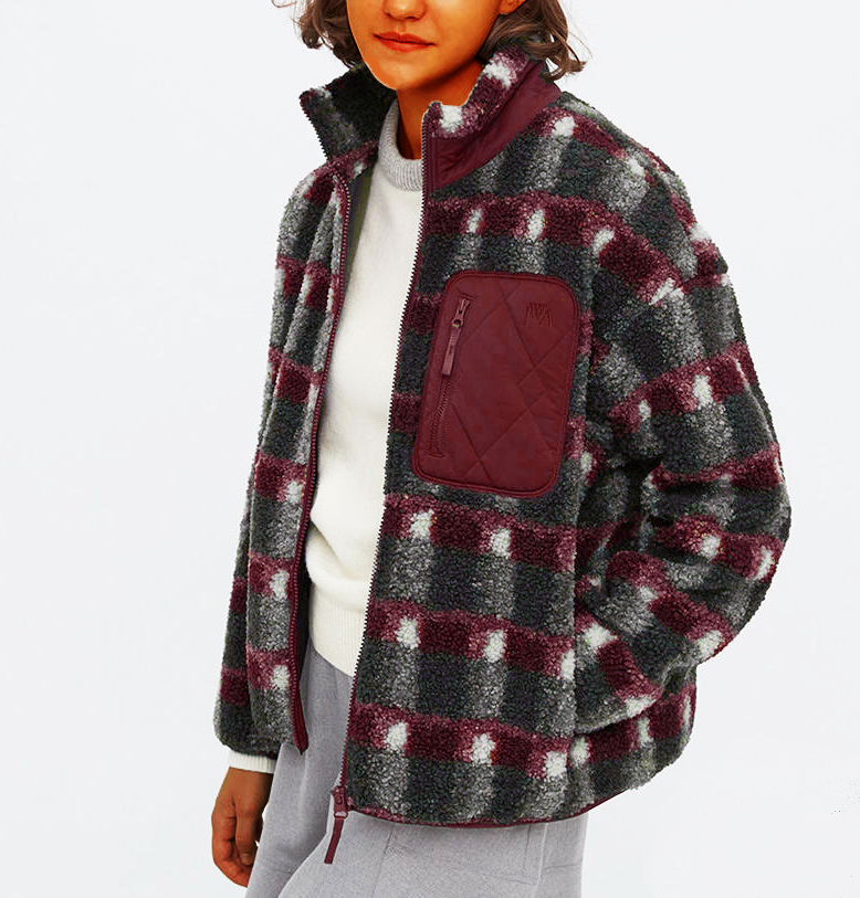 Fleece printed jacket with stand-up collar and long sleeves