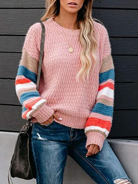 Striped Pattern Sleeve Crew Neck Pullover Sweater
