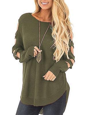 Solid Color Long Sleeve Knitted Hollow Sweater